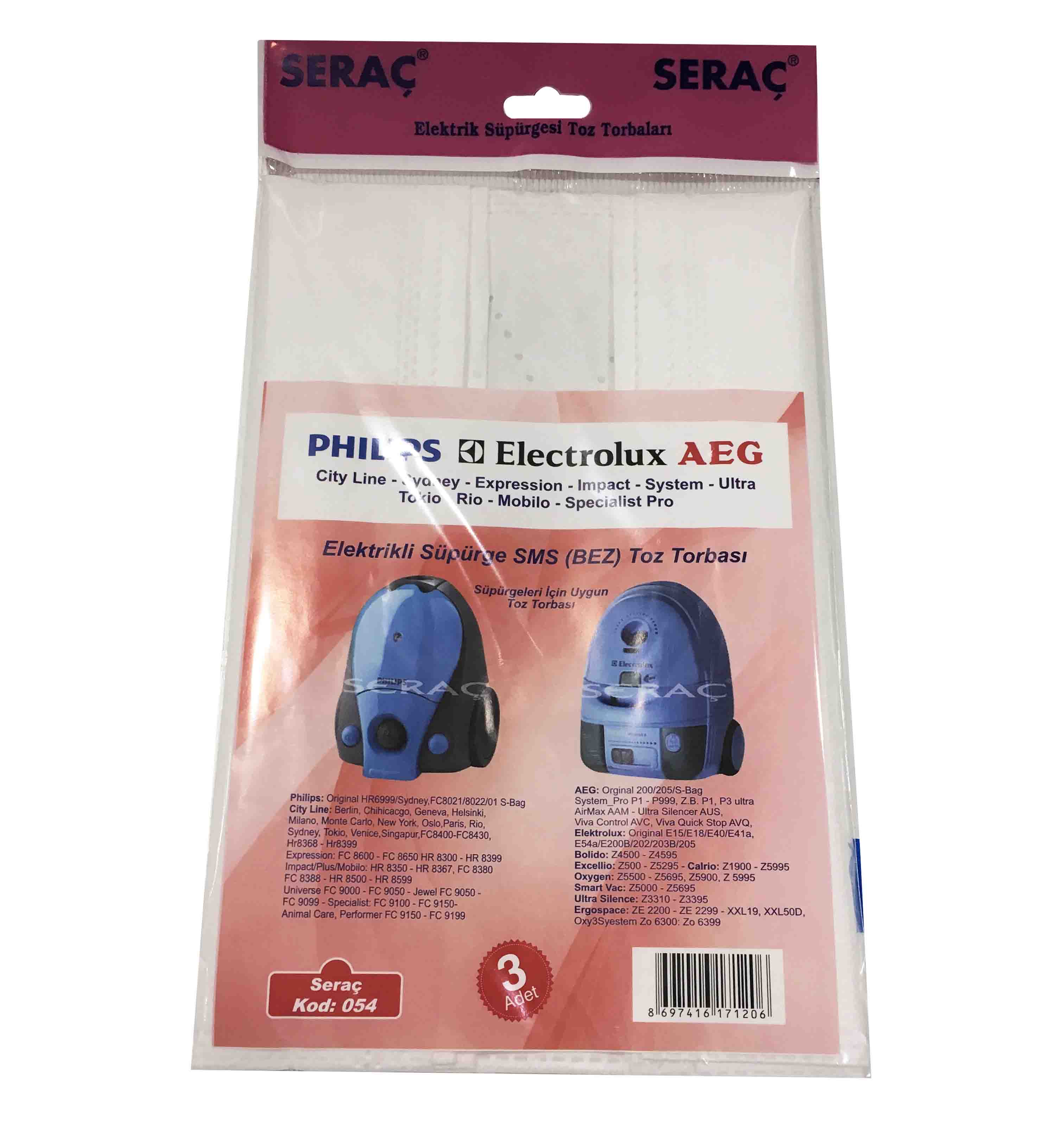 SERAC ELEKTRIK SUPURGESI TOZ TORBASI 3 LU PHILIPS/SYDNEY/ELECTROLUX/AEG 054